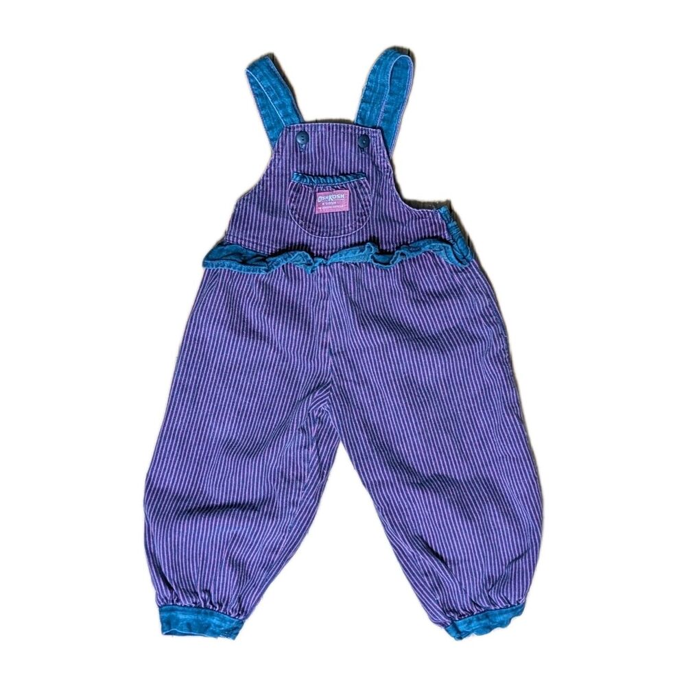 Vintage Osh Kosh B'Gosh Purple Bubble Pinstripe Ruffle Overalls 3T Made In...
